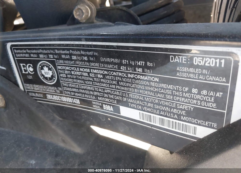 2011 CAN-AM SPYDER ROADSTER RT-LTD VIN: 2BXJBDC18BV001438