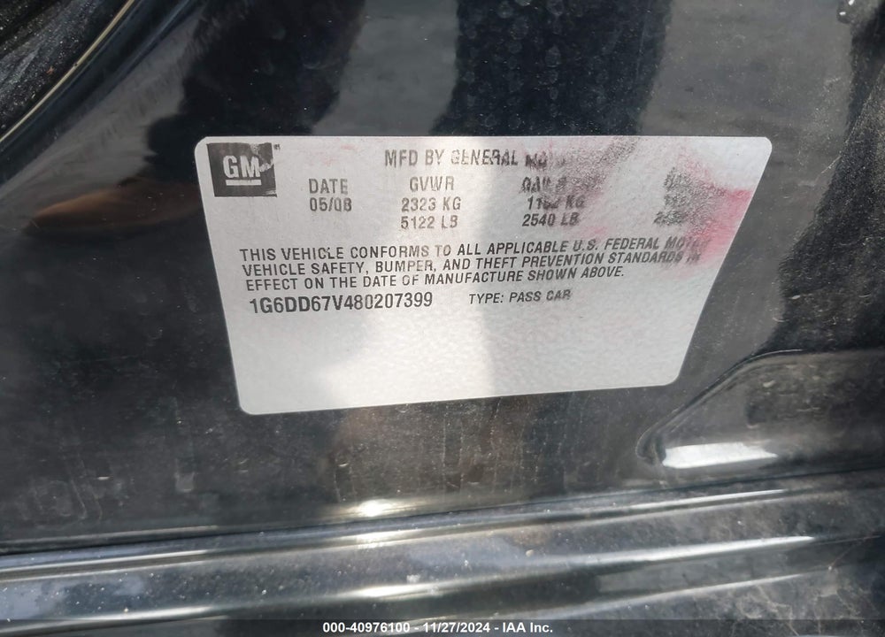 2008 CADILLAC STS V6 VIN: 1G6DD67V480207399