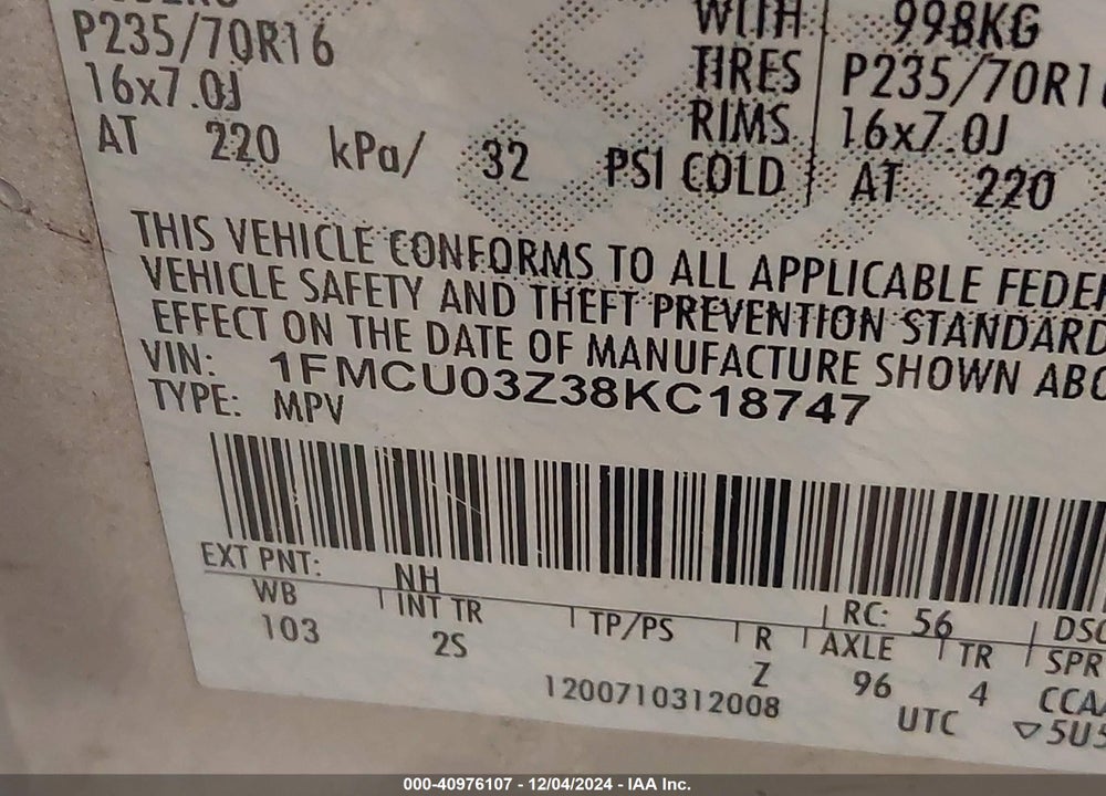 2008 FORD ESCAPE XLT VIN: 1FMCU03Z38KC18747
