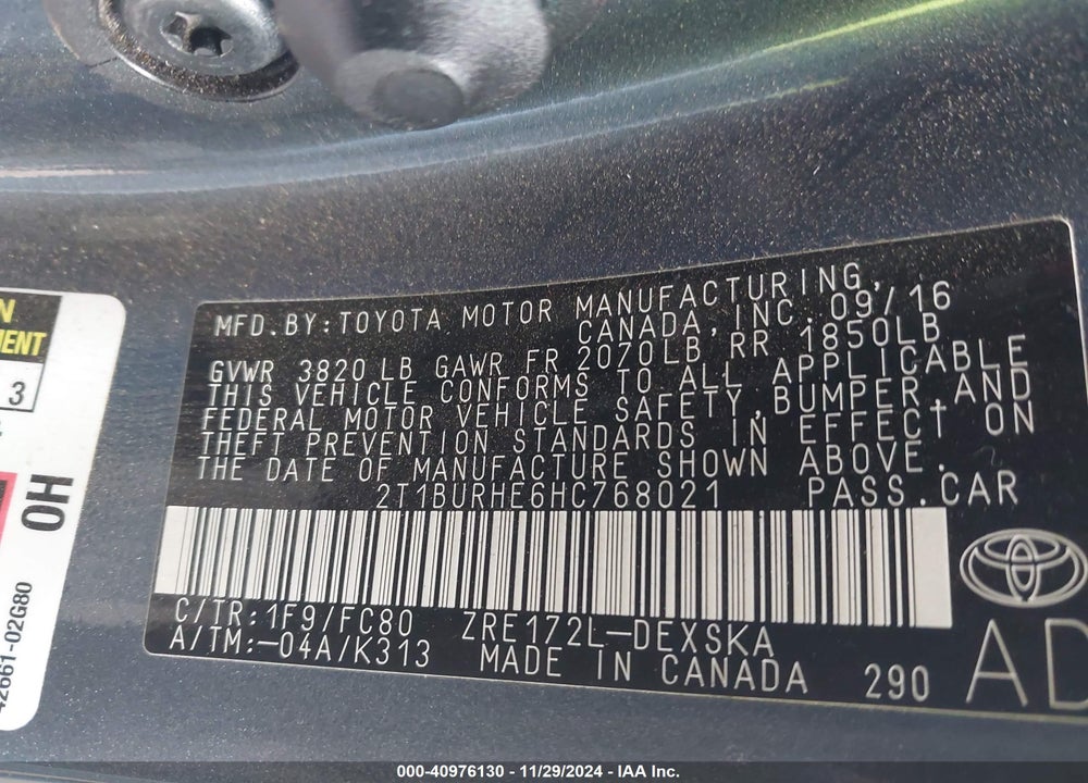 2017 TOYOTA COROLLA SE VIN: 2T1BURHE6HC768021