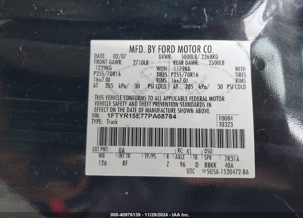 2007 FORD RANGER FX4 OFF-ROAD/SPORT/XL/XLT VIN: 1FTYR15E77PA68784