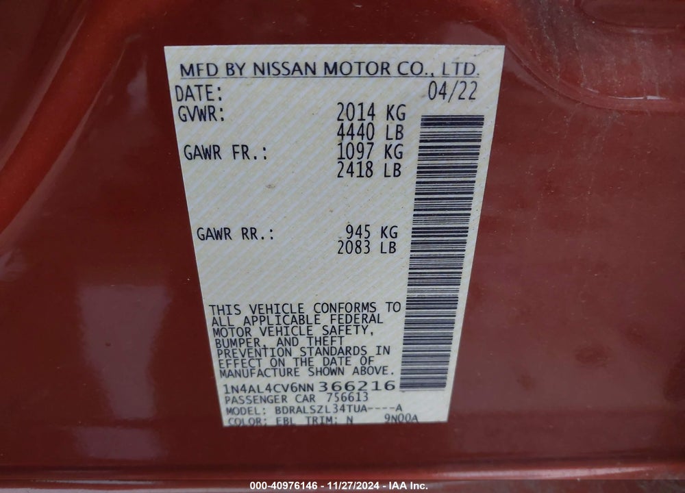 2022 NISSAN ALTIMA SR VC-TURBO FWD VIN: 1N4AL4CV6NN366216