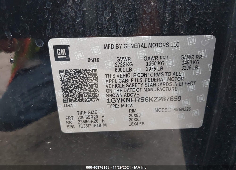 2019 CADILLAC XT5 PREMIUM LUXURY VIN: 1GYKNFRS6KZ287659