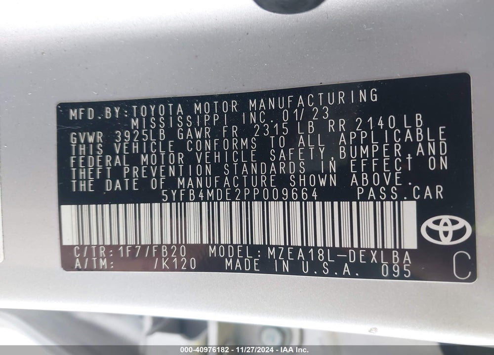 2023 TOYOTA COROLLA LE VIN: 5YFB4MDE2PP009664