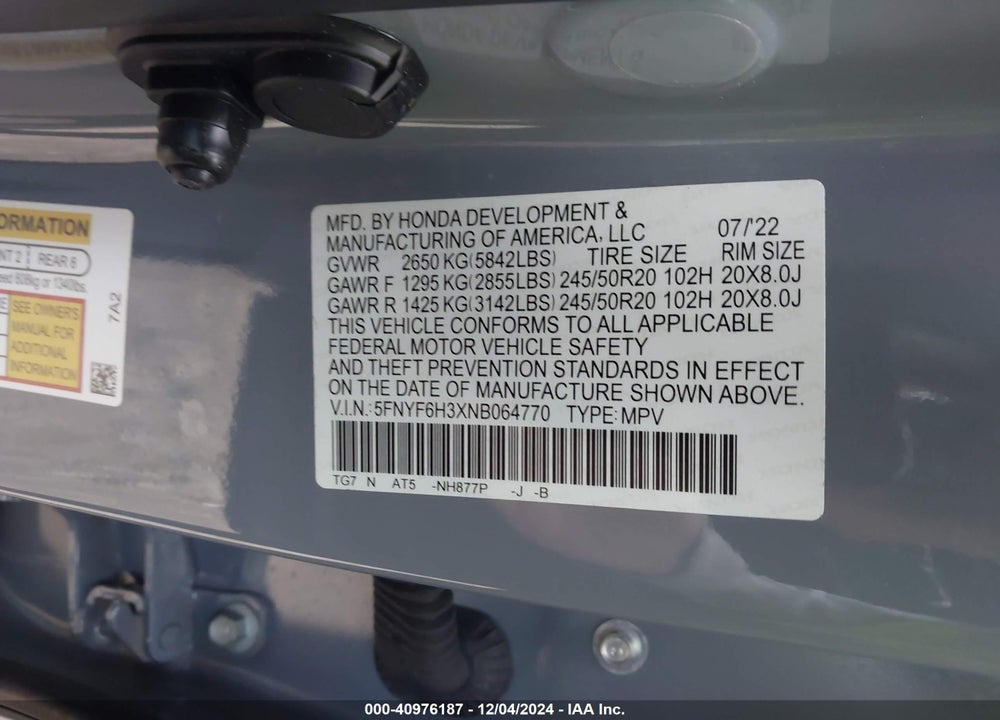 2022 HONDA PILOT AWD SPORT VIN: 5FNYF6H3XNB064770