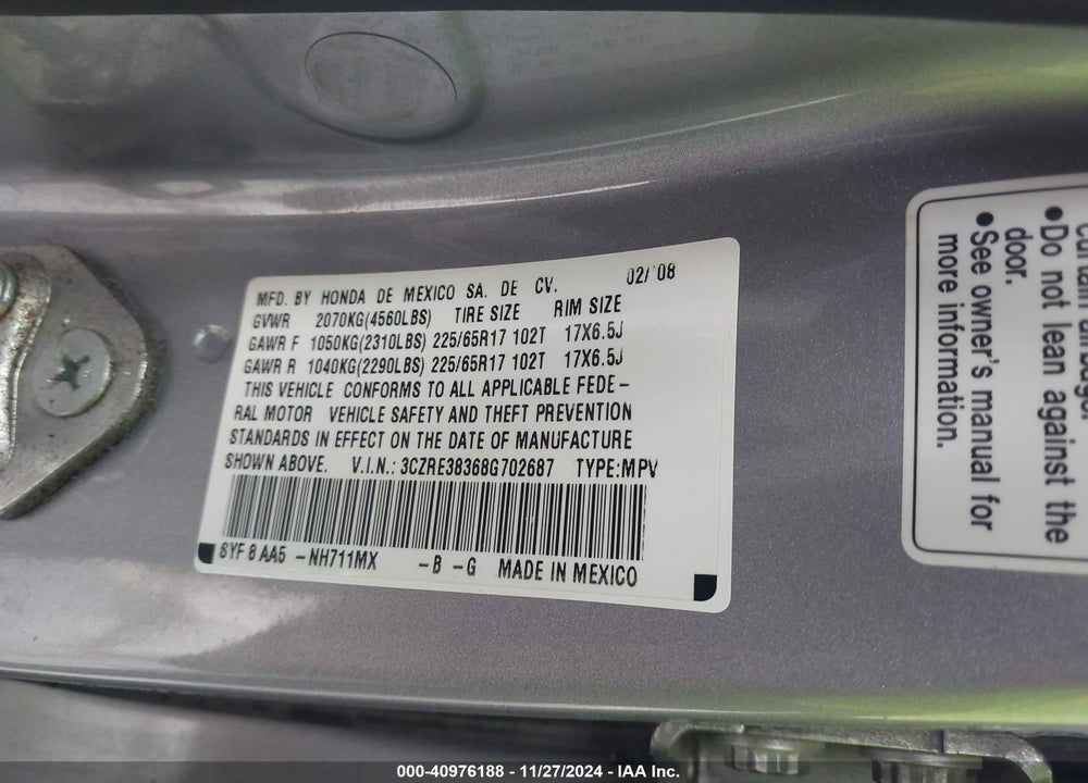 2008 HONDA CR-V LX VIN: 3CZRE38368G702687