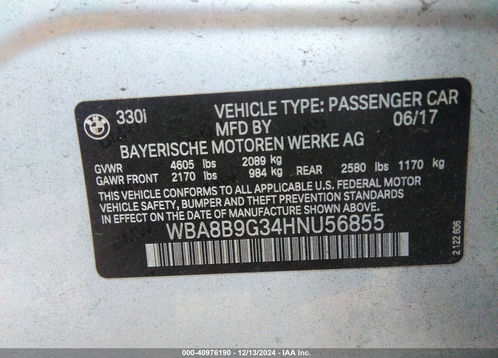 2017 BMW 330I VIN: WBA8B9G34HNU56855