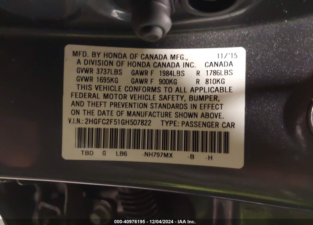 2016 HONDA CIVIC LX VIN: 2HGFC2F51GH507822