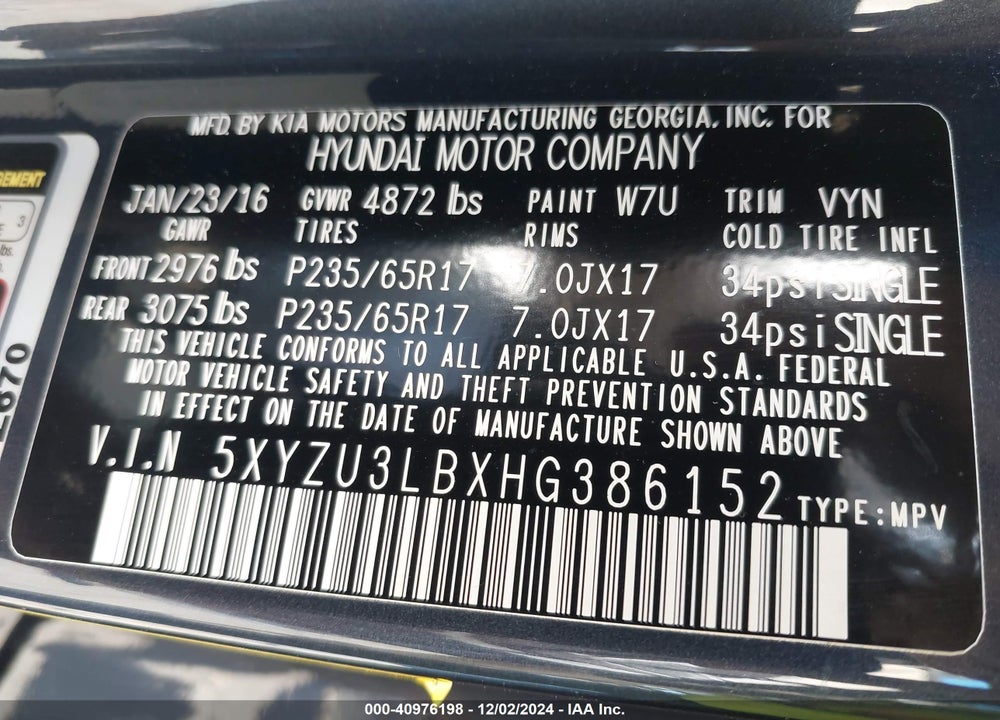 2017 HYUNDAI SANTA FE SPORT 2.4L VIN: 5XYZU3LBXHG386152