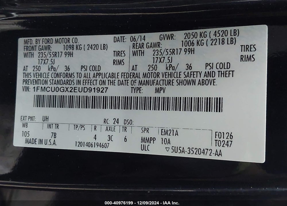 2014 FORD ESCAPE SE VIN: 1FMCU0GX2EUD91927