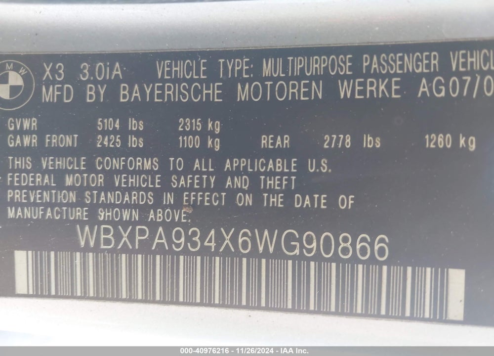 2006 BMW X3 3.0I VIN: WBXPA934X6WG90866