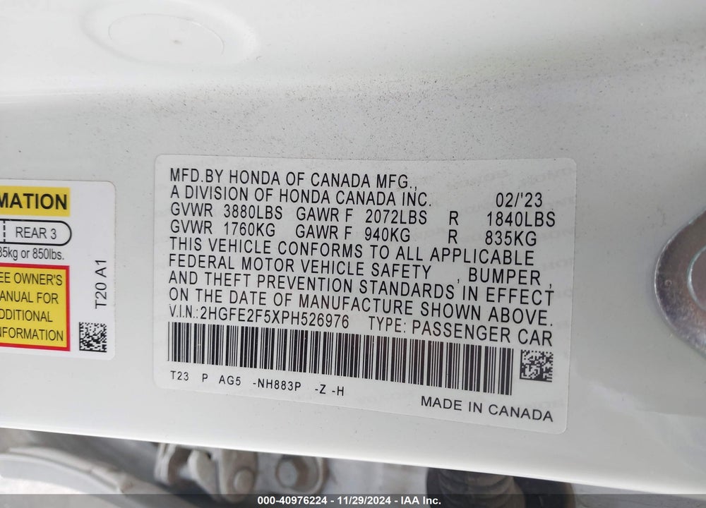 2023 HONDA CIVIC SPORT VIN: 2HGFE2F5XPH526976