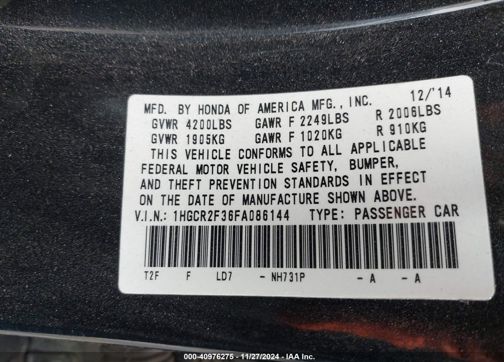 2015 HONDA ACCORD LX VIN: 1HGCR2F36FA086144