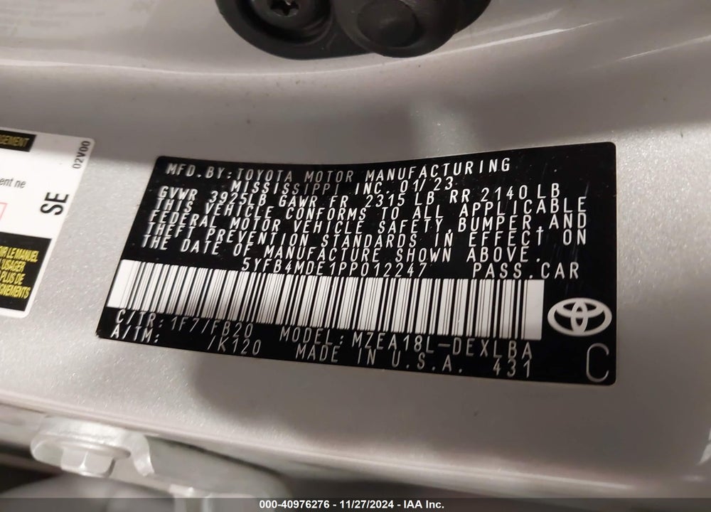 2023 TOYOTA COROLLA LE VIN: 5YFB4MDE1PP012247