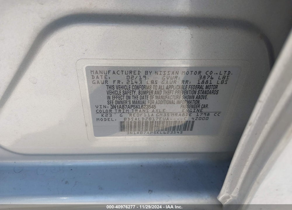 2019 NISSAN SENTRA SV VIN: 3N1AB7AP5KL623545