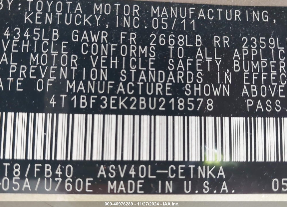 2011 TOYOTA CAMRY LE VIN: 4T1BF3EK2BU218578