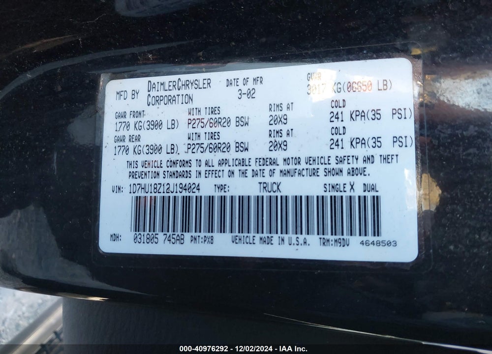 2002 DODGE RAM 1500 ST VIN: 1D7HU18Z12J194024