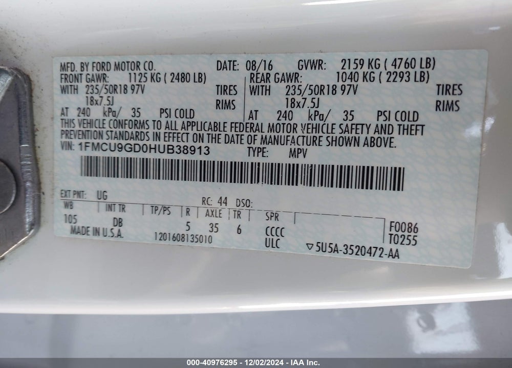 2017 FORD ESCAPE SE VIN: 1FMCU9GD0HUB38913