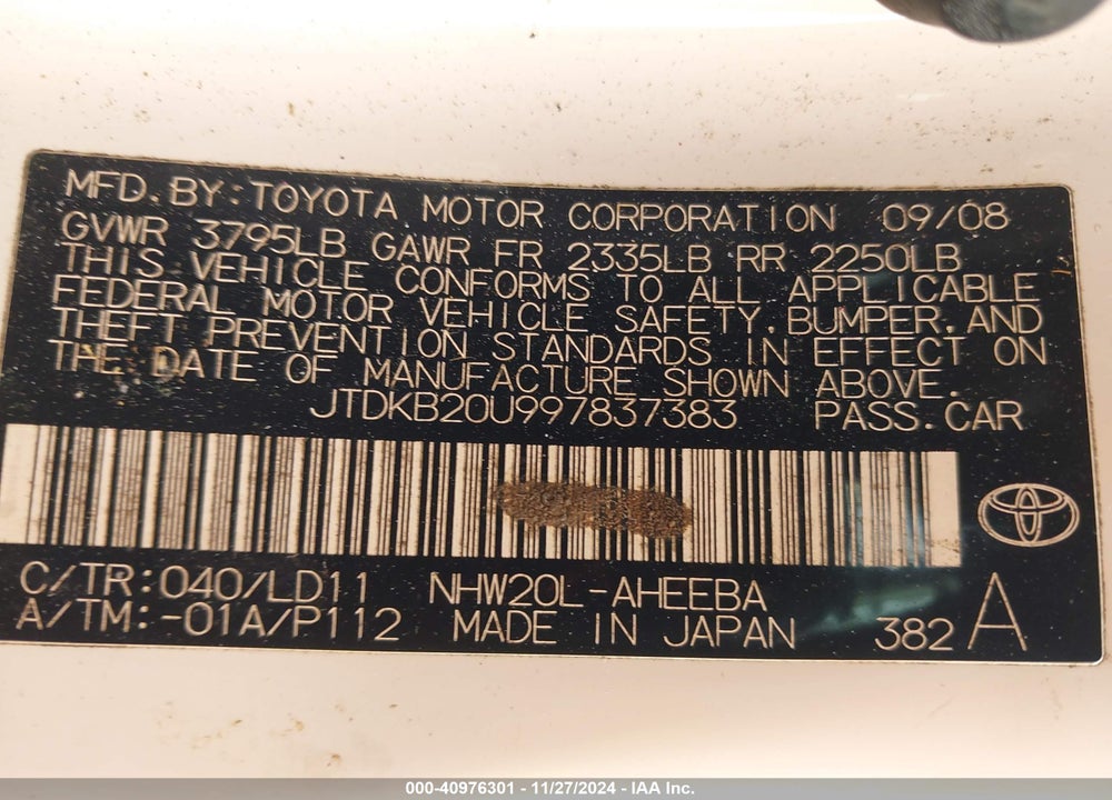 2009 TOYOTA PRIUS VIN: JTDKB20U997837383