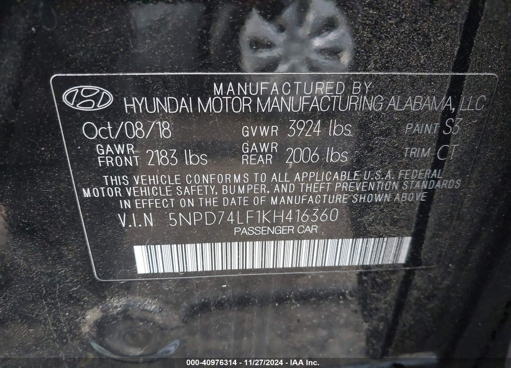 2019 HYUNDAI ELANTRA SE VIN: 5NPD74LF1KH416360
