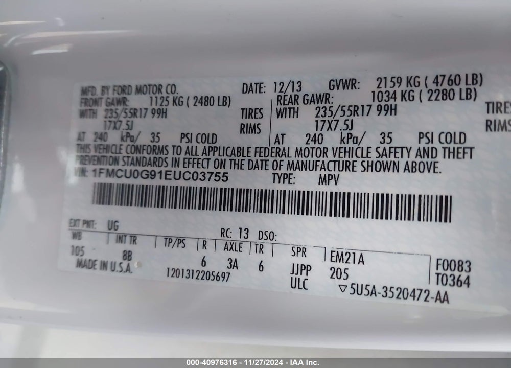 2014 FORD ESCAPE SE VIN: 1FMCU0G91EUC03755