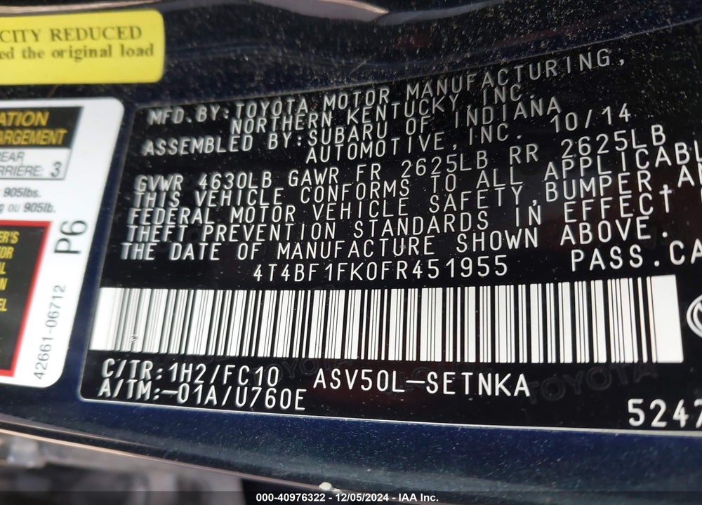 2015 TOYOTA CAMRY LE VIN: 4T4BF1FK0FR451955