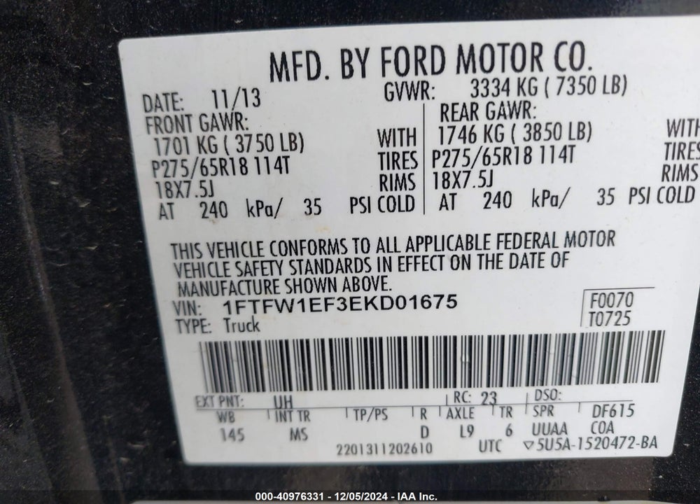2014 FORD F-150 XLT VIN: 1FTFW1EF3EKD01675