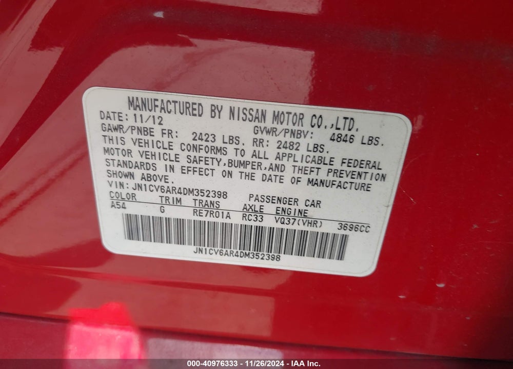 2013 INFINITI G37X VIN: JN1CV6AR4DM352398