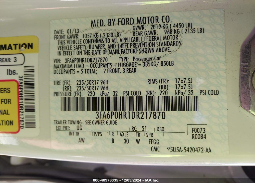 2013 FORD FUSION SE VIN: 3FA6P0HR1DR217870