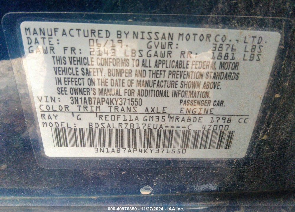 2019 NISSAN SENTRA VIN: 3N1AB7AP4KY371550