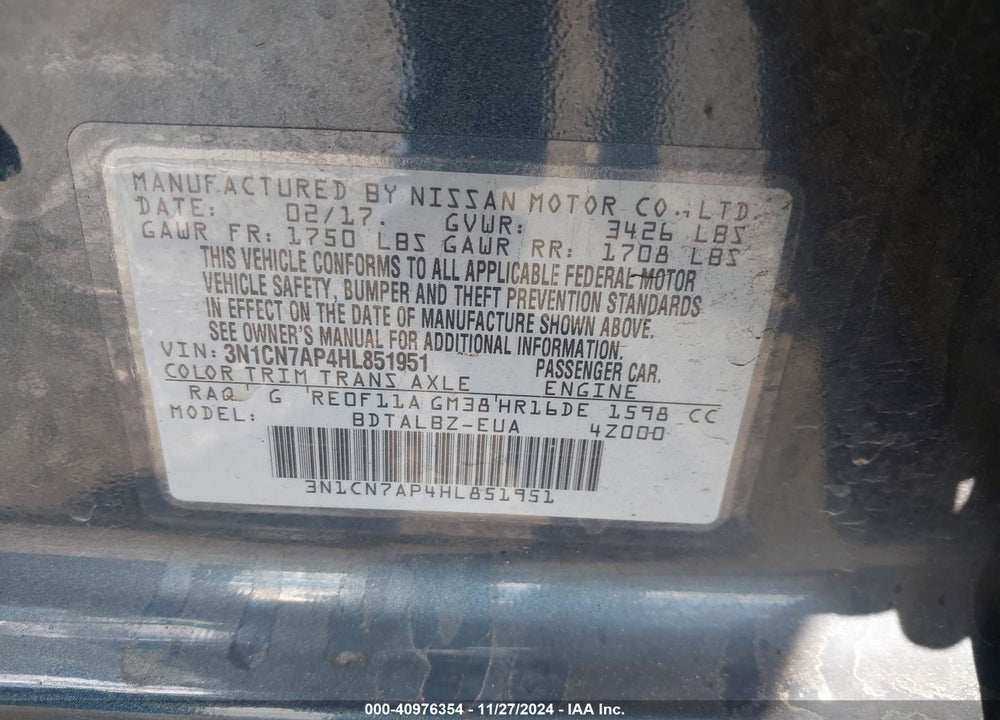 2017 NISSAN VERSA 1.6 SV VIN: 3N1CN7AP4HL851951