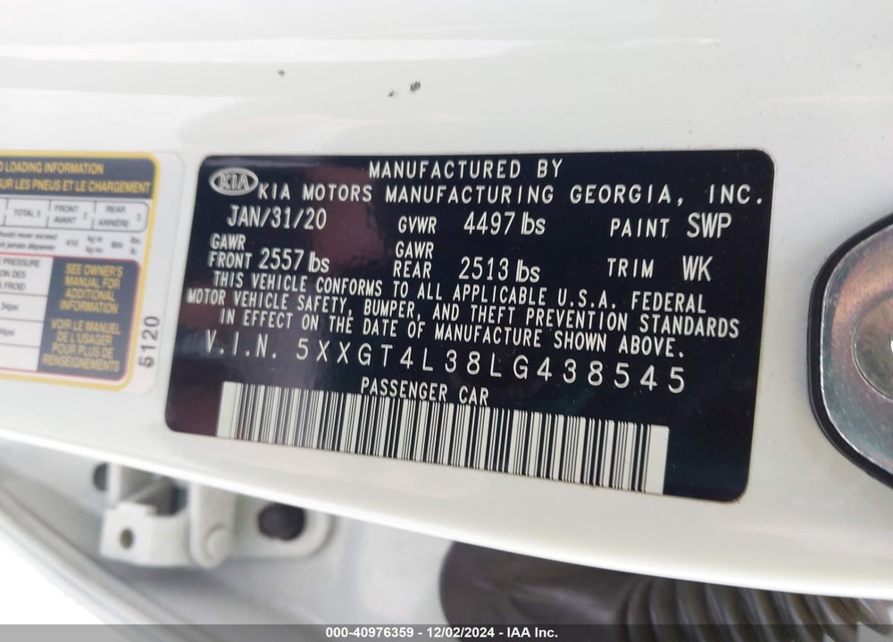 2020 KIA OPTIMA LX VIN: 5XXGT4L38LG438545