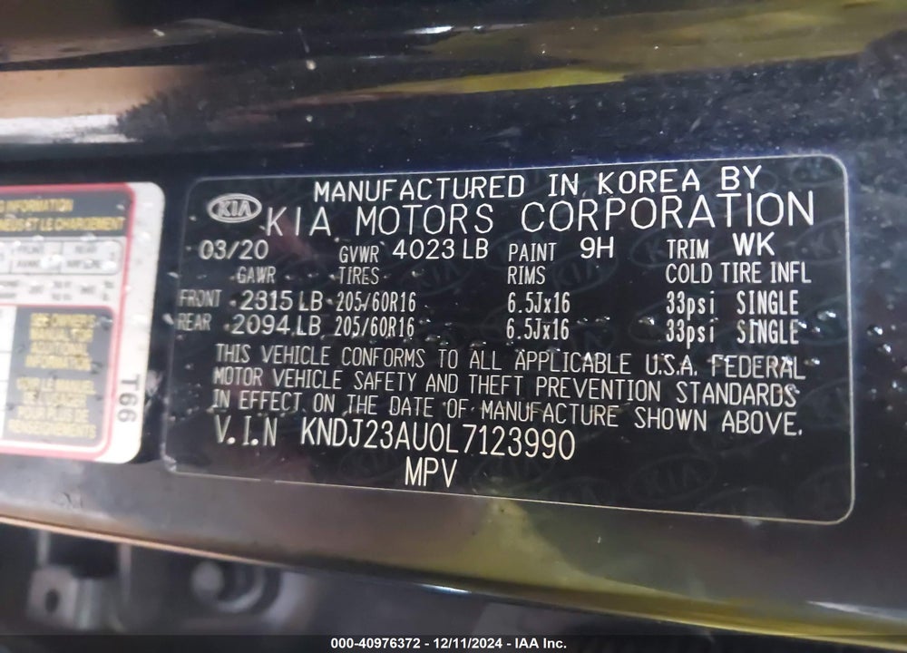 2020 KIA SOUL LX VIN: KNDJ23AU0L7123990