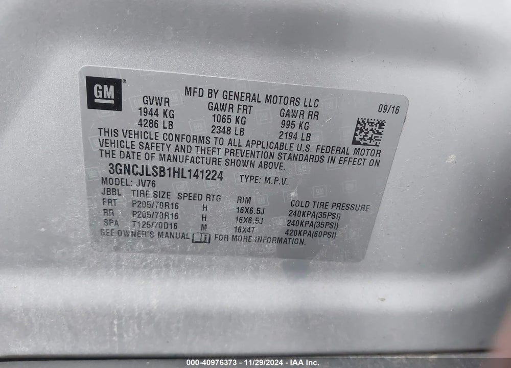 2017 CHEVROLET TRAX LT VIN: 3GNCJLSB1HL141224
