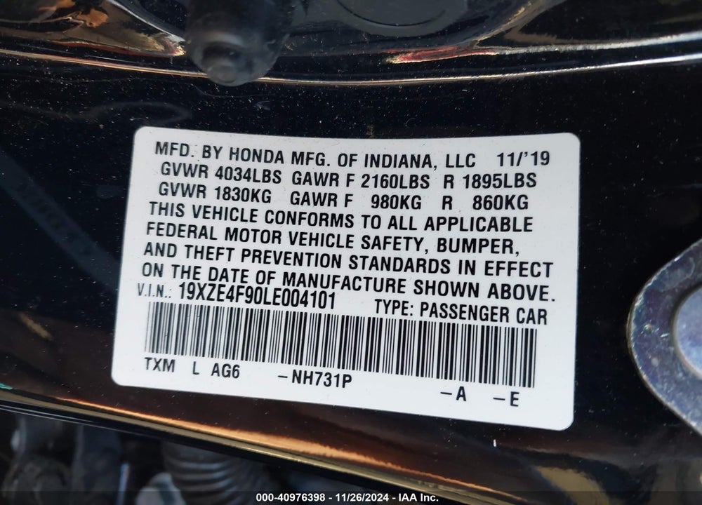 2020 HONDA INSIGHT VIN: 19XZE4F90LE004101