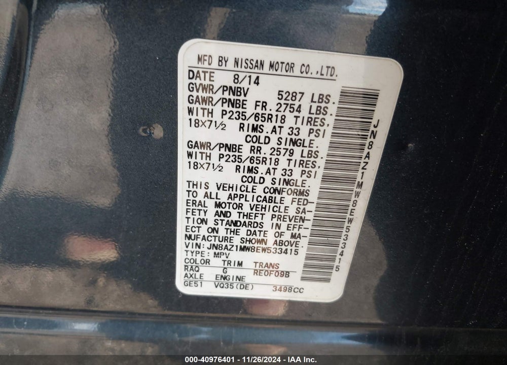 2014 NISSAN MURANO VIN: JN8AZ1MW8EW533415