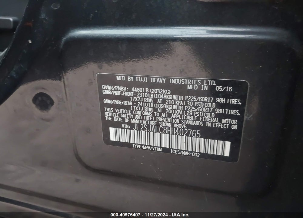 2017 SUBARU FORESTER 2.5I PREMIUM VIN: JF2SJAEC8HH402765
