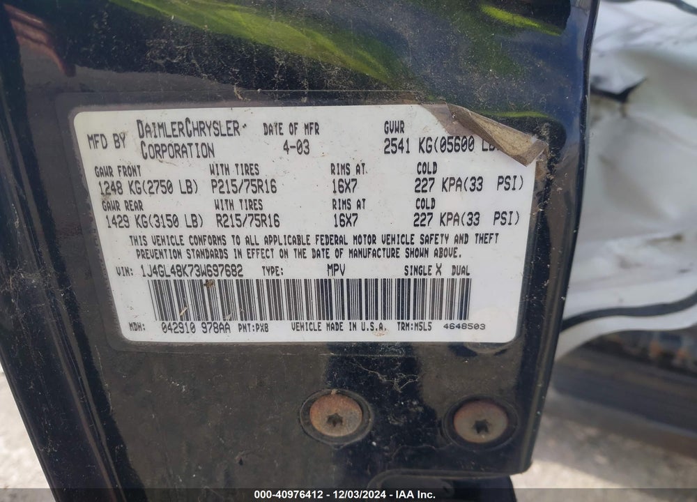 2003 JEEP LIBERTY SPORT VIN: 1J4GL48K73W697682