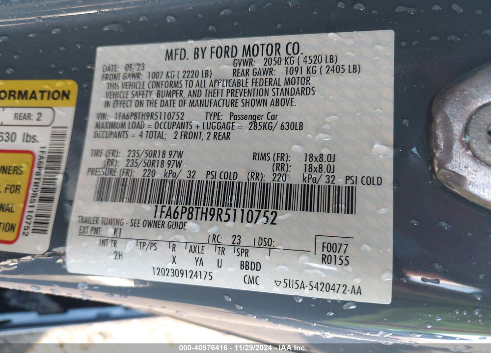 2024 FORD MUSTANG ECOBOOST VIN: 1FA6P8TH9R5110752