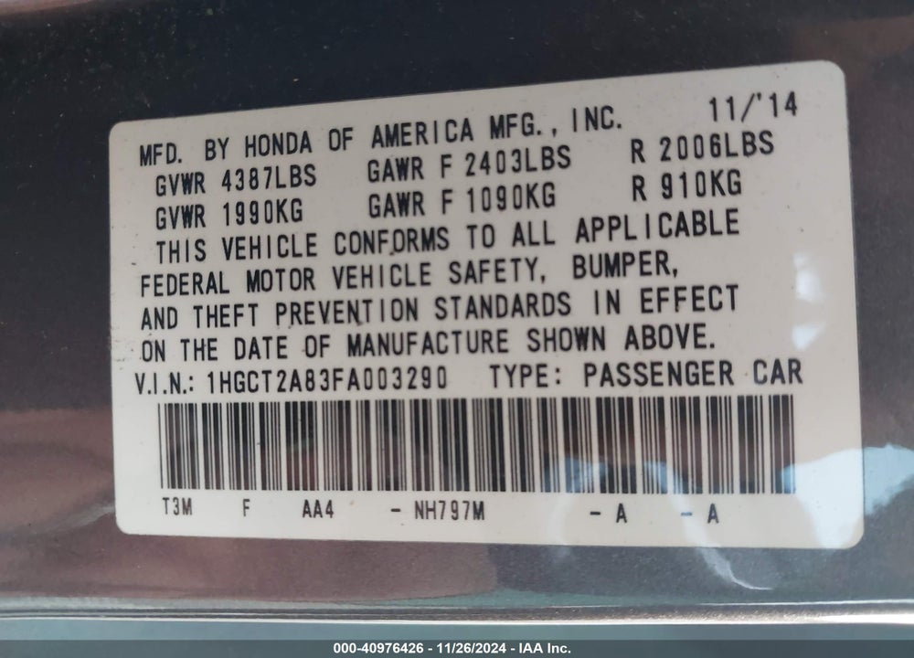2015 HONDA ACCORD EX-L V-6 VIN: 1HGCT2A83FA003290