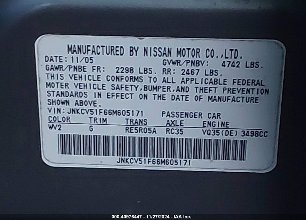 2006 INFINITI G35X VIN: JNKCV51F66M605171