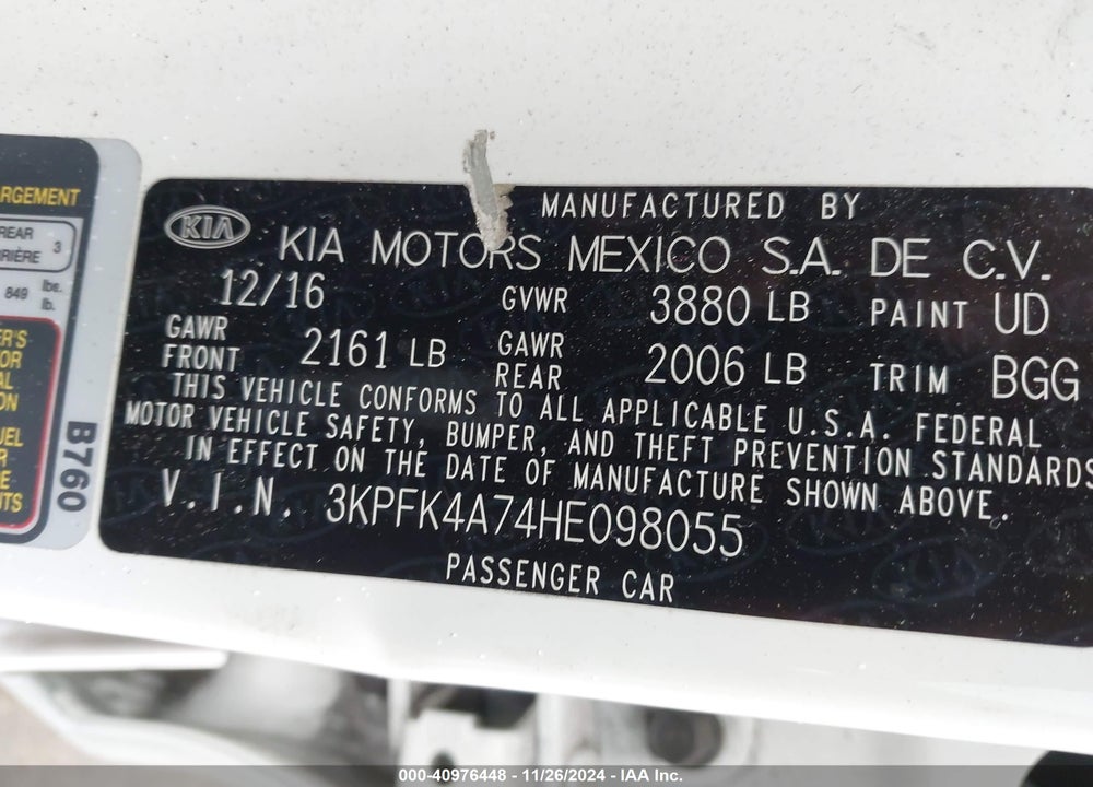 2017 KIA FORTE LX VIN: 3KPFK4A74HE098055