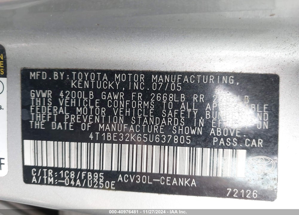 2005 TOYOTA CAMRY LE VIN: 4T1BE32K65U637805