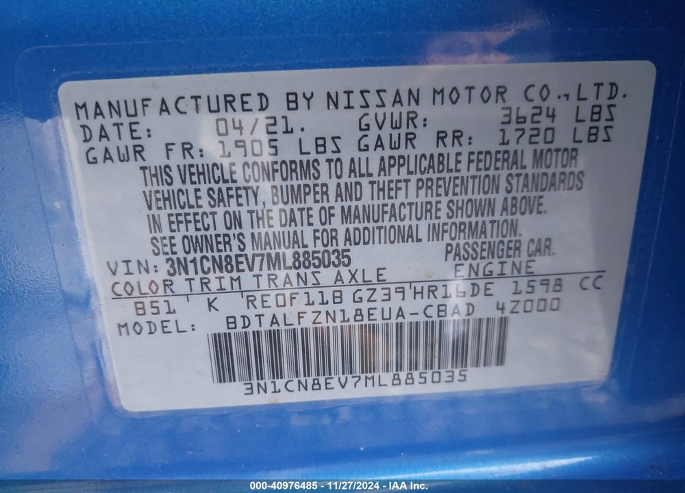 2021 NISSAN VERSA VIN: 3N1CN8EV7ML885035