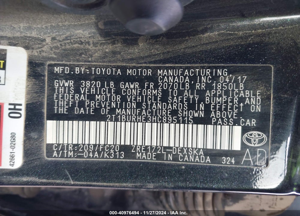 2017 TOYOTA COROLLA SE VIN: 2T1BURHE3HC895115