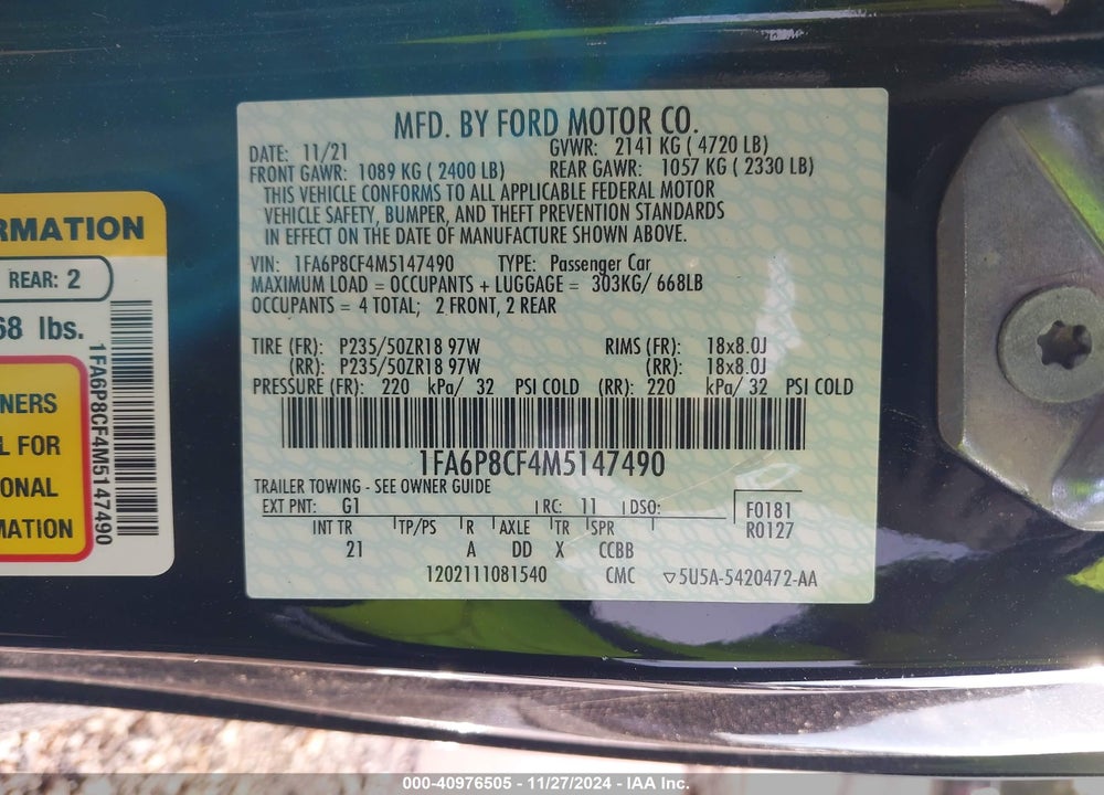 2021 FORD MUSTANG VIN: 1FA6P8CF4M5147490