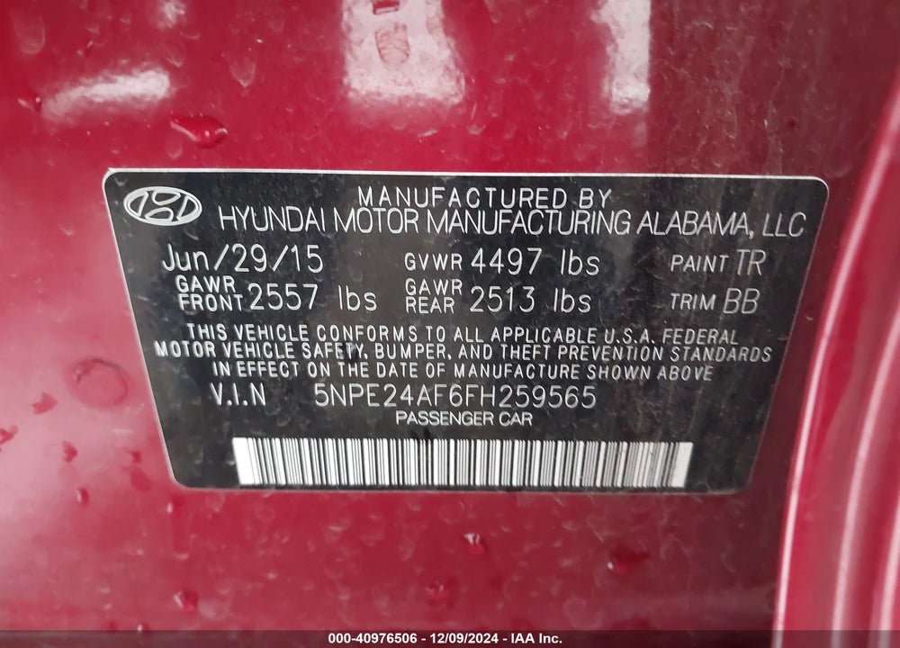 2015 HYUNDAI SONATA SE VIN: 5NPE24AF6FH259565