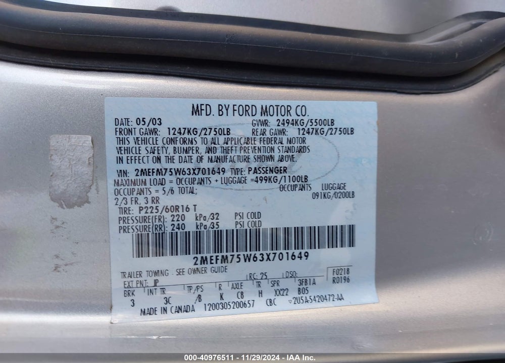 2003 MERCURY GRAND MARQUIS LS VIN: 2MEFM75W63X701649