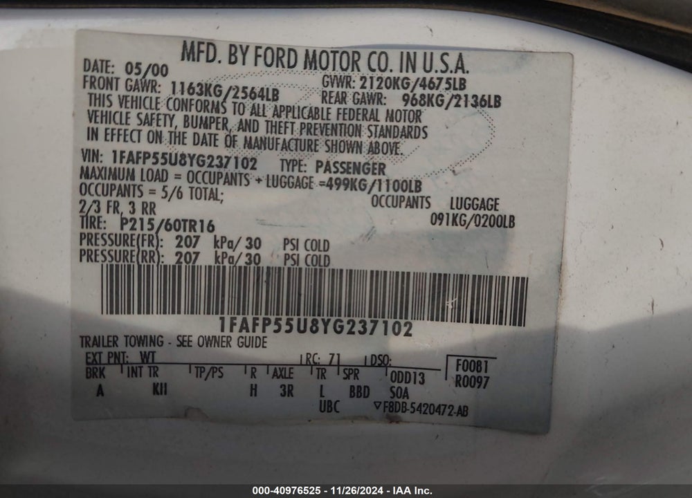 2000 FORD TAURUS SES VIN: 1FAFP55U8YG237102