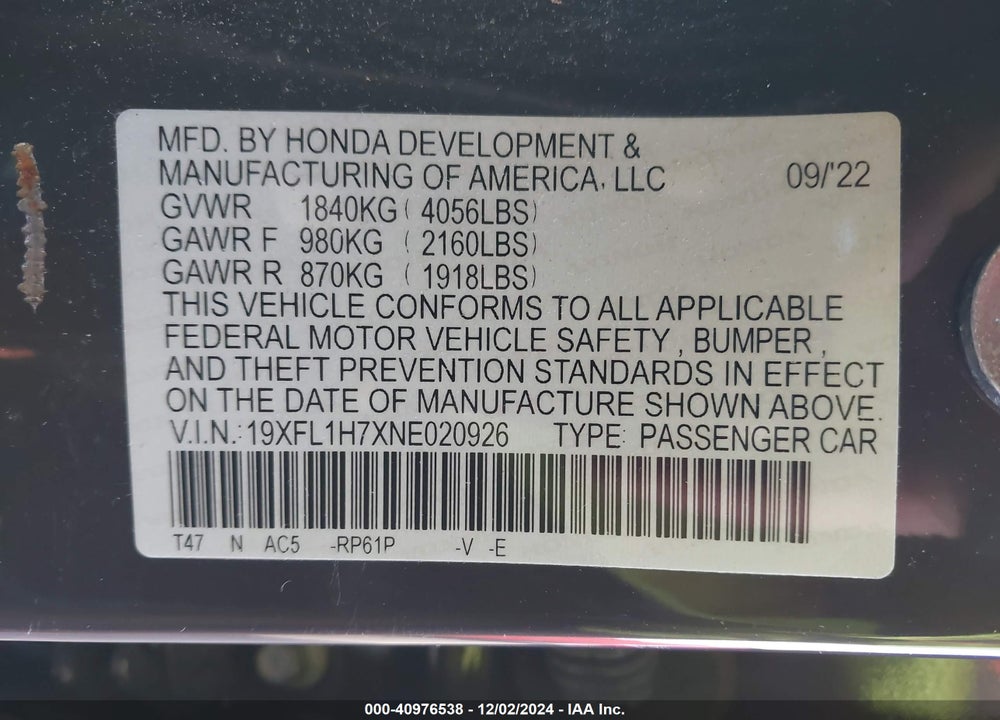 2022 HONDA CIVIC VIN: 19XFL1H7XNE020926